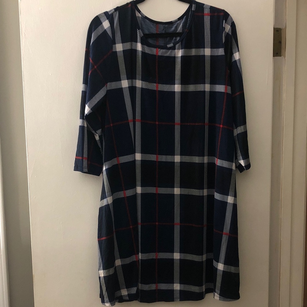 Navy Plaid  Shift Dress with Red & White Lines
